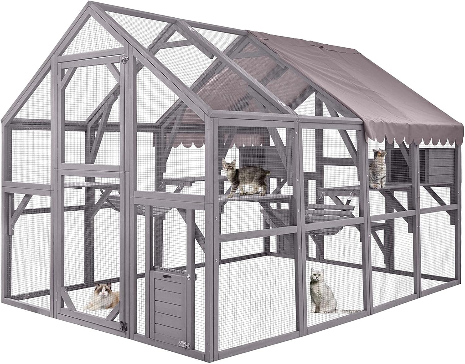 Catio Outdoor Cat Enclosure Large Cat House for Mulitiple Cats Walk in Cat Cage with Waterproof Roof, 6 Platforms Wooden Feral Cat Play Run Shelter, 60" H