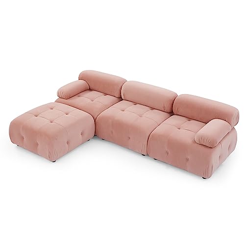 Sleeper Sofa couches Ottoman Cloud Couch Bed Loveseat Living Room Furniture Sturdy Solid Wood Frame Modular Sectional Comfortable Velvet Upholstery Button Tufted Design Pink