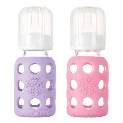 Lifefactory Glass Baby Bottle with Silicone Sleeve 4 Ounce, Set of 2 - Lilac/Pin