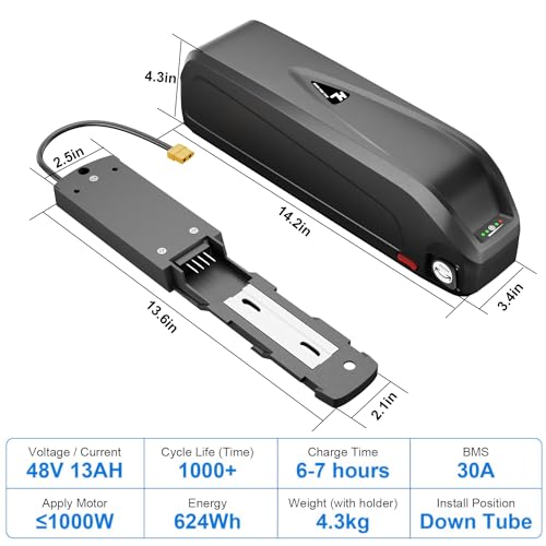 48V Lithium Battery, 10Ah/13Ah Electric Bike Battery, Suitable for Most 0-1500w E-Bikes Used for Replacement Batteries, EBike Battery with USB Charging Socket, with Base and Charger (13Ah-HLDC)