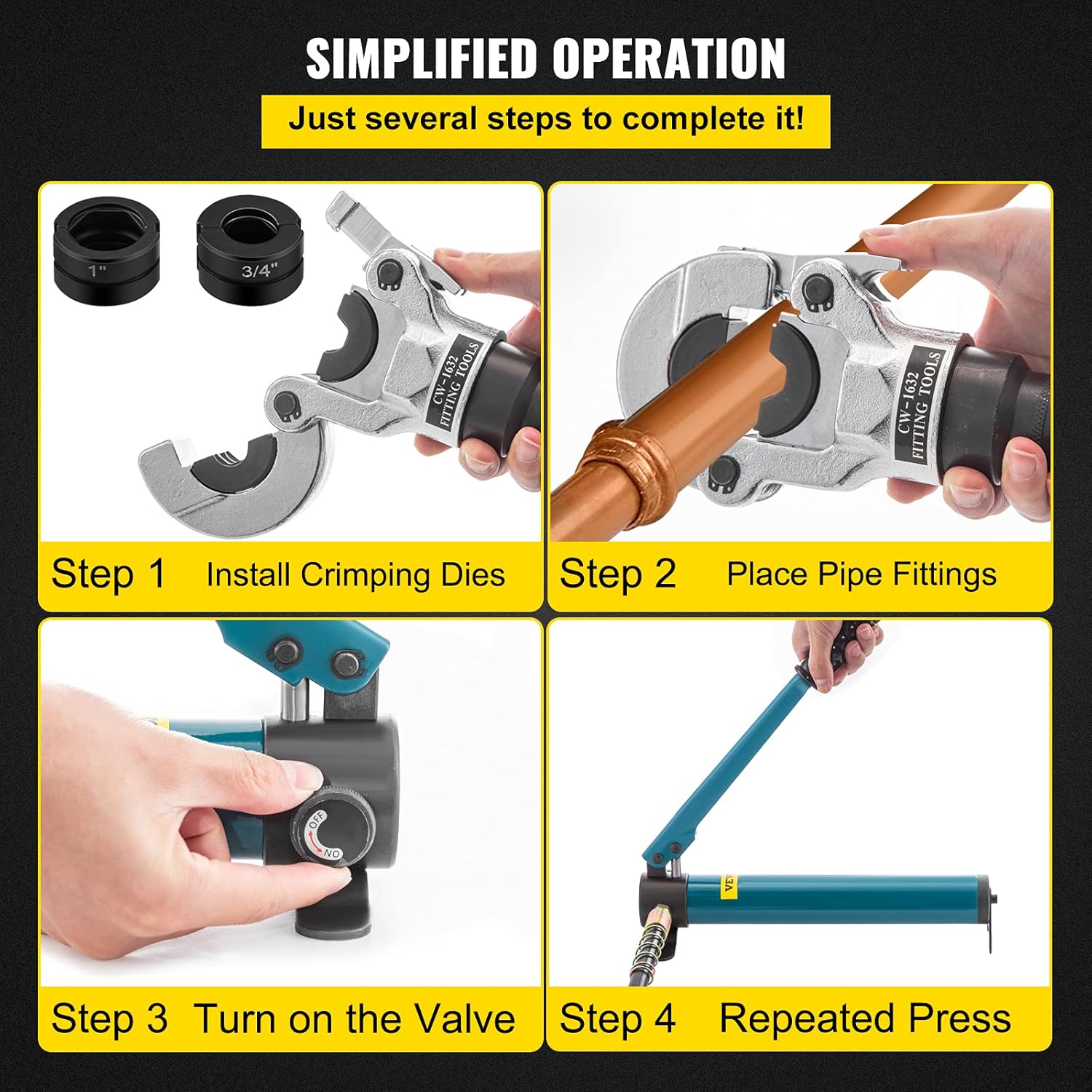 VEVOR Hydraulic Pipe Crimping Tool, 8T Hydraulic Copper Tube Fittings Crimper, Copper Pipe Crimper 40CR Steel, Copper Crimping Pliers with Jaws 1/2"(12.7mm), 3/4"(19.05mm), 1"(25.4mm)