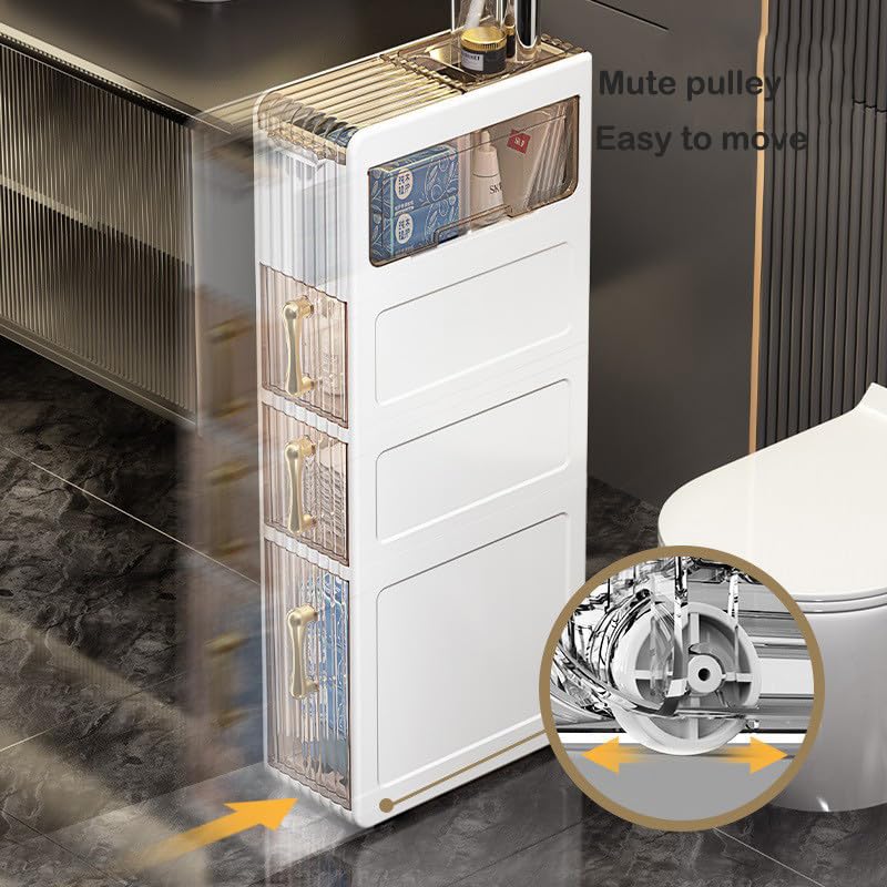 2 -Tiers Bathroom Floor Storage Cabinet Narrow Slim Tall Movable Towel Organizer Side Freestanding Rolling Unit with Clear Drawers for Small Space Laundry Living Room Gap