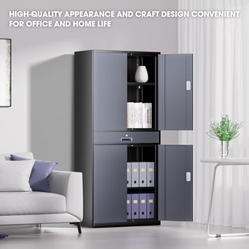 DNA MOTORING 71'' Metal Storage Cabinet, Locking Tool Cabinet with 1 Drawer and Adjustable Shelves, Lockable Heavy Duty Metal Locker for Garage,Office,Home,Gym, Gray, TOOLS-00629-GY-GY-A