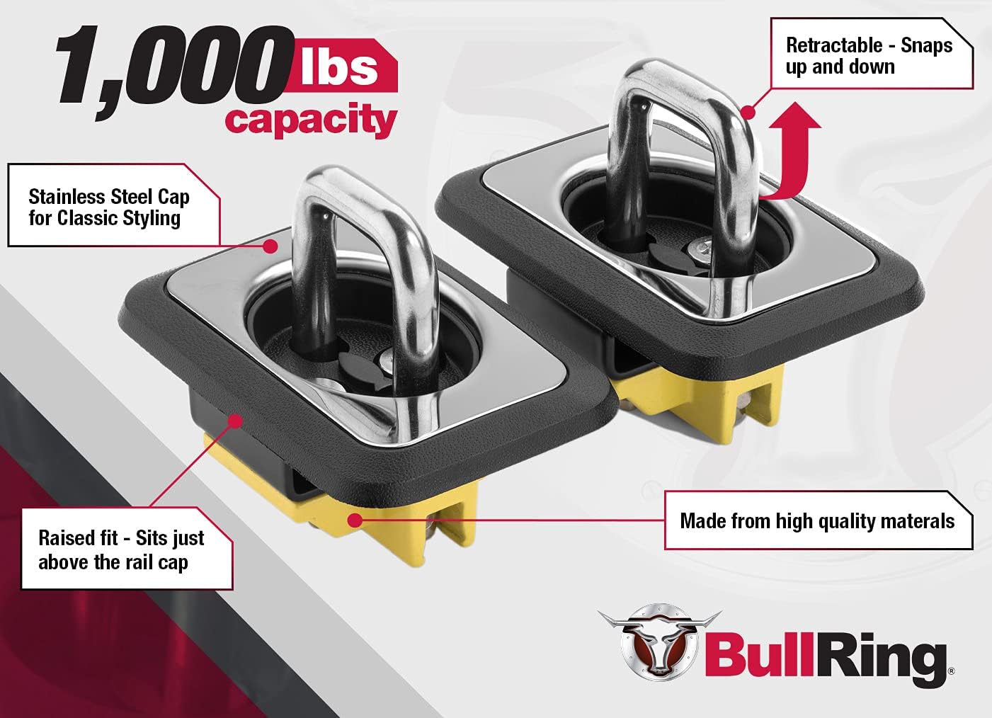 Bull Ring Classic Raised Fit Retractable Tie Down Anchors for '98-14 Ford F150, 98-16 Ford Super Duty, 88-13 Chevrolet Silverado and GMC Sierra, 95-08 Dodge RAM (2 Pairs)