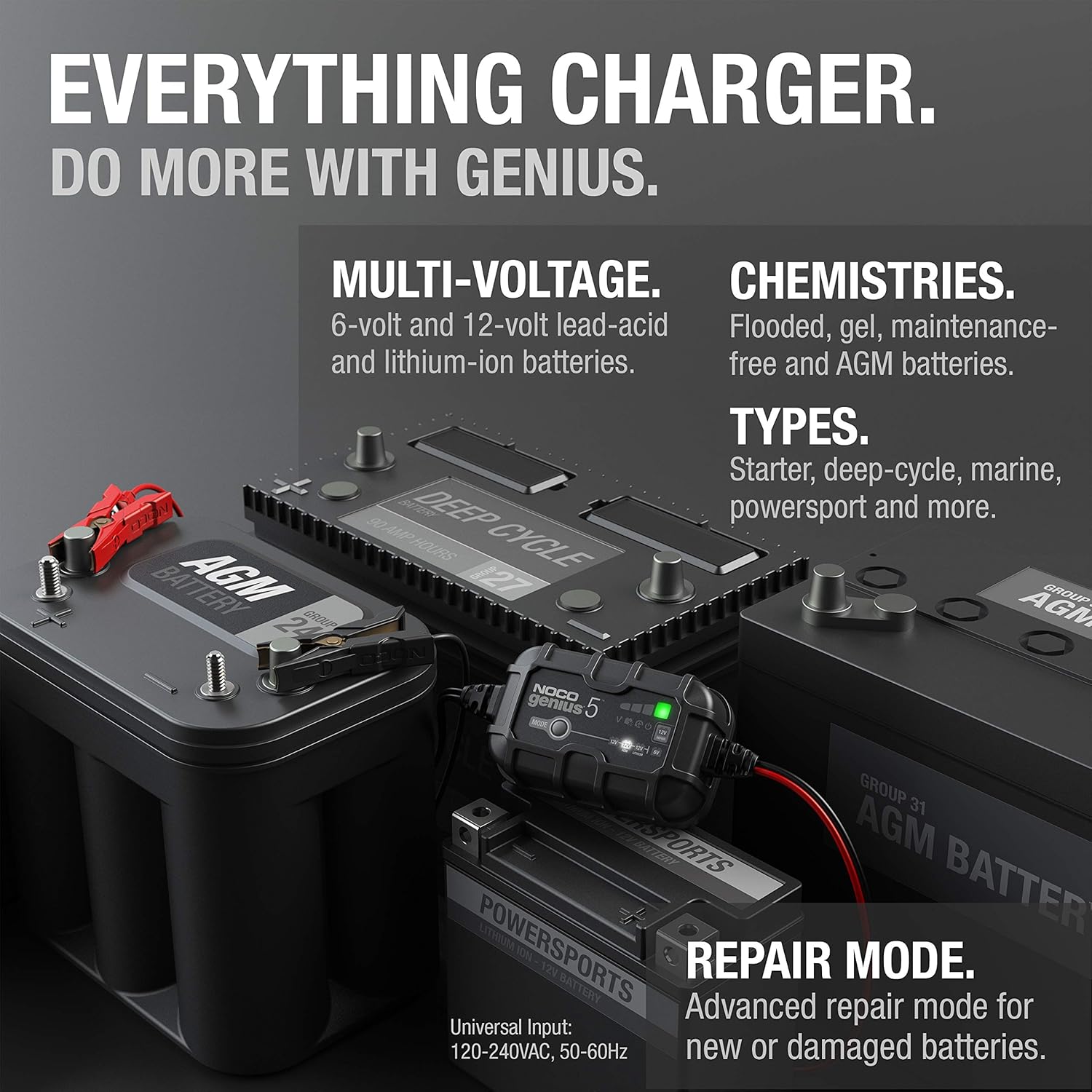 NOCO GENIUS5, 5-Amp Fully-Automatic Smart Charger, 6V and 12V Portable Battery Charger, Battery Maintainer, Trickle Charger, and Battery Desulfator with Temperature Compensation Pack of 2