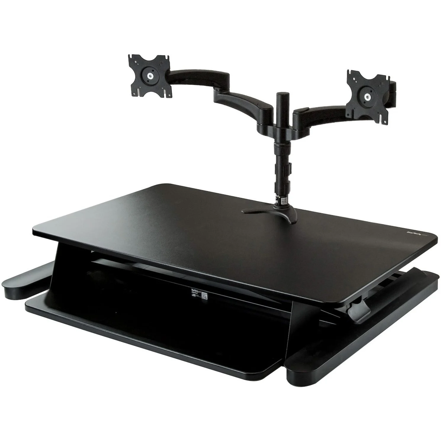 StarTech.com Dual Monitor Sit Stand Desk Converter, 35" Wide, Height Adjustable Standing Desk Solution -Dual Arms for up to 24" Monitors