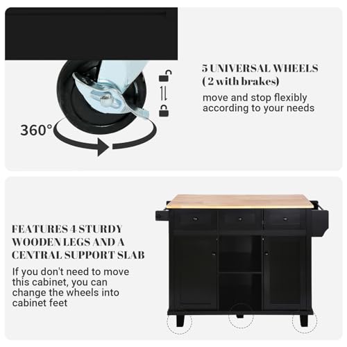 Large Kitchen Island On Wheels with Storage 54in Width Mobile Moveable Portable Rolling Wood Island for Kitchen Dining Room with Drawers Cabinet Spice Rack Towel Rack