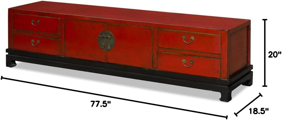 ChinaFurnitureOnline Elmwood Oriental Media Cabinet, Kang Style in Distressed Red Finish