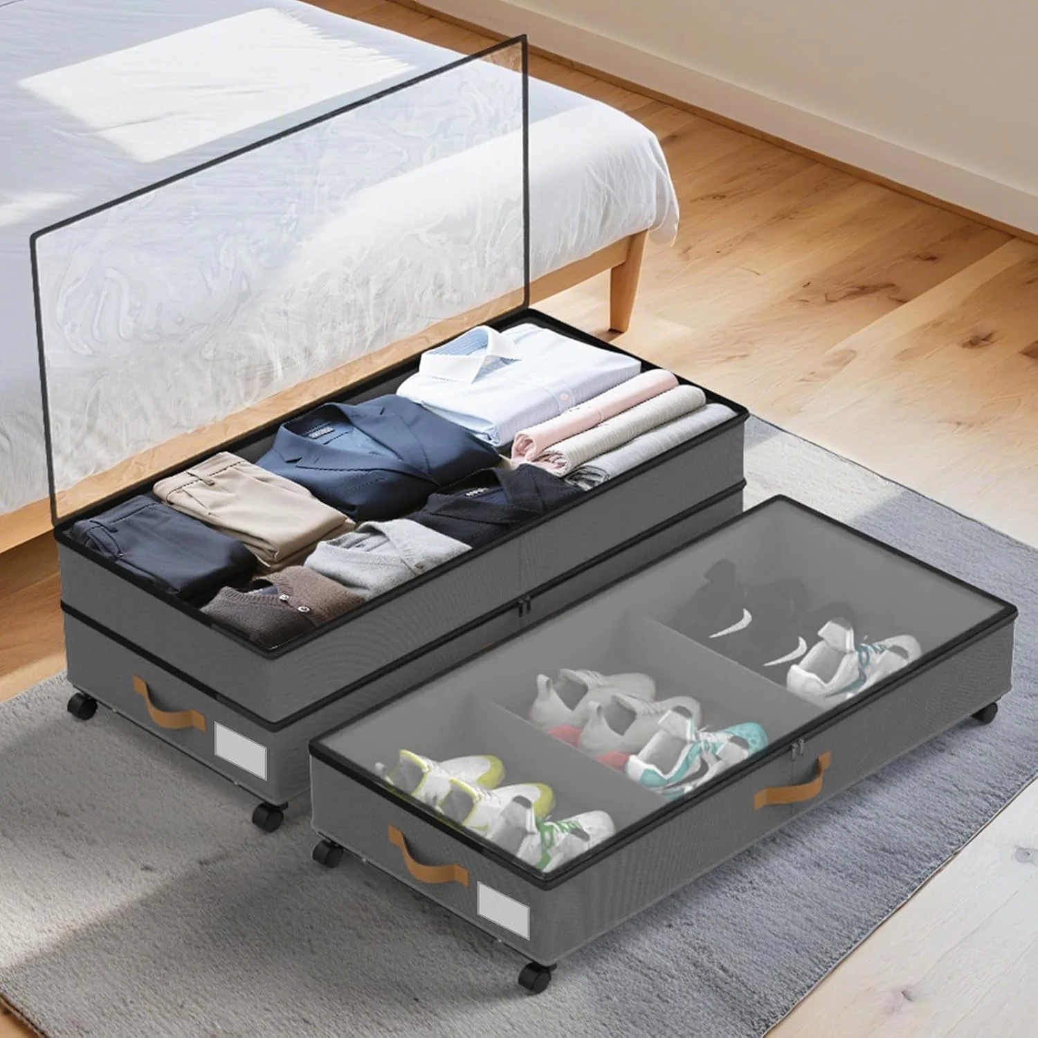 Under Bed Storage with Wheels 2-Pack, 75L XXL Under the Bed Storage Containers Large, 12 Tall Adjustable Storage for Underbed with Lids, Rolling for Shoes, Clothes, Blankets (Grey)