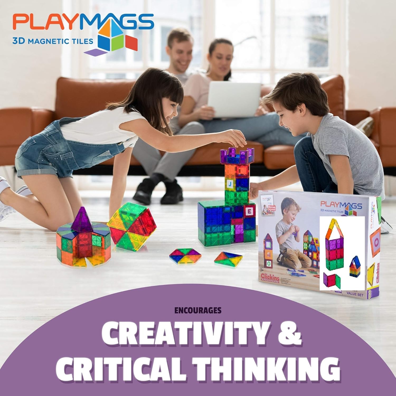 Award Winning Playmags Clear Colors Magnetic Tiles Building Set 50 + 6 Pc Set with Car - STEM Magnetic Toys Develop Motor Skills & Creativity, Colorful, Durable Magnet Building (56 Pc Set)