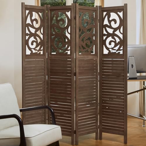 Room Divider Wood Carved Wall Divider Indoor Folding Portable Partition Screen for Home Office Garden Terrace - 6 Panel, 67 * 90inch (Dark Brown)