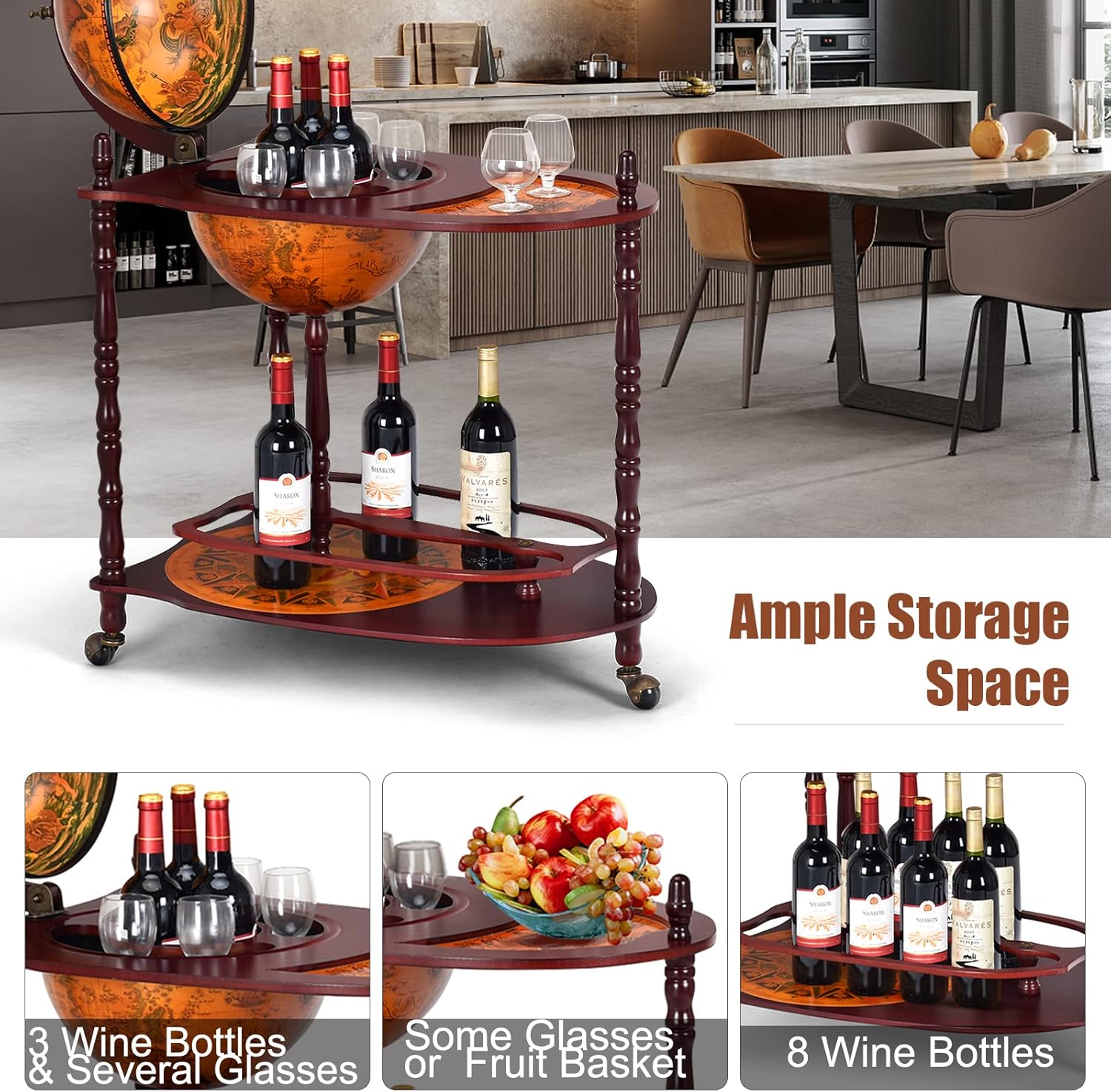 Goplus Globe Bar, 34.5” Globe Bar Liquor Cabinet with Wheels, Bottom Shelf, Old World Map, 16th Century Italian Replica Bar Globe, Retro Wine Stand, Globe Bar Cart for Dining Room Living Room Home