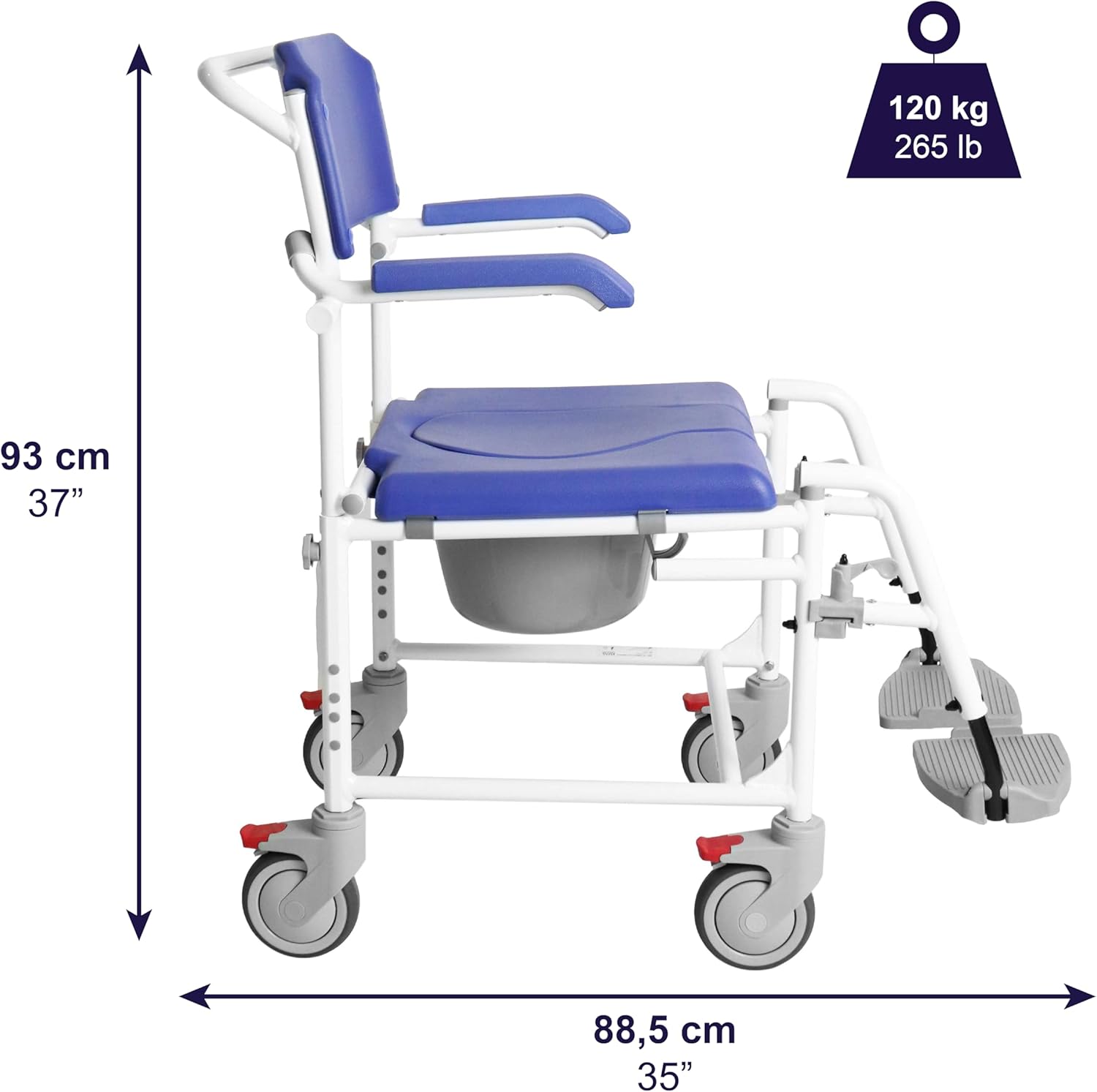 KMINA PRO - Shower Commode Wheelchair with 4 Lockable Wheels for Elderly, Rolling Shower Chair, Adjustable Shower Wheelchairs for Adults, Shower Wheelchair for Inside Shower Blue