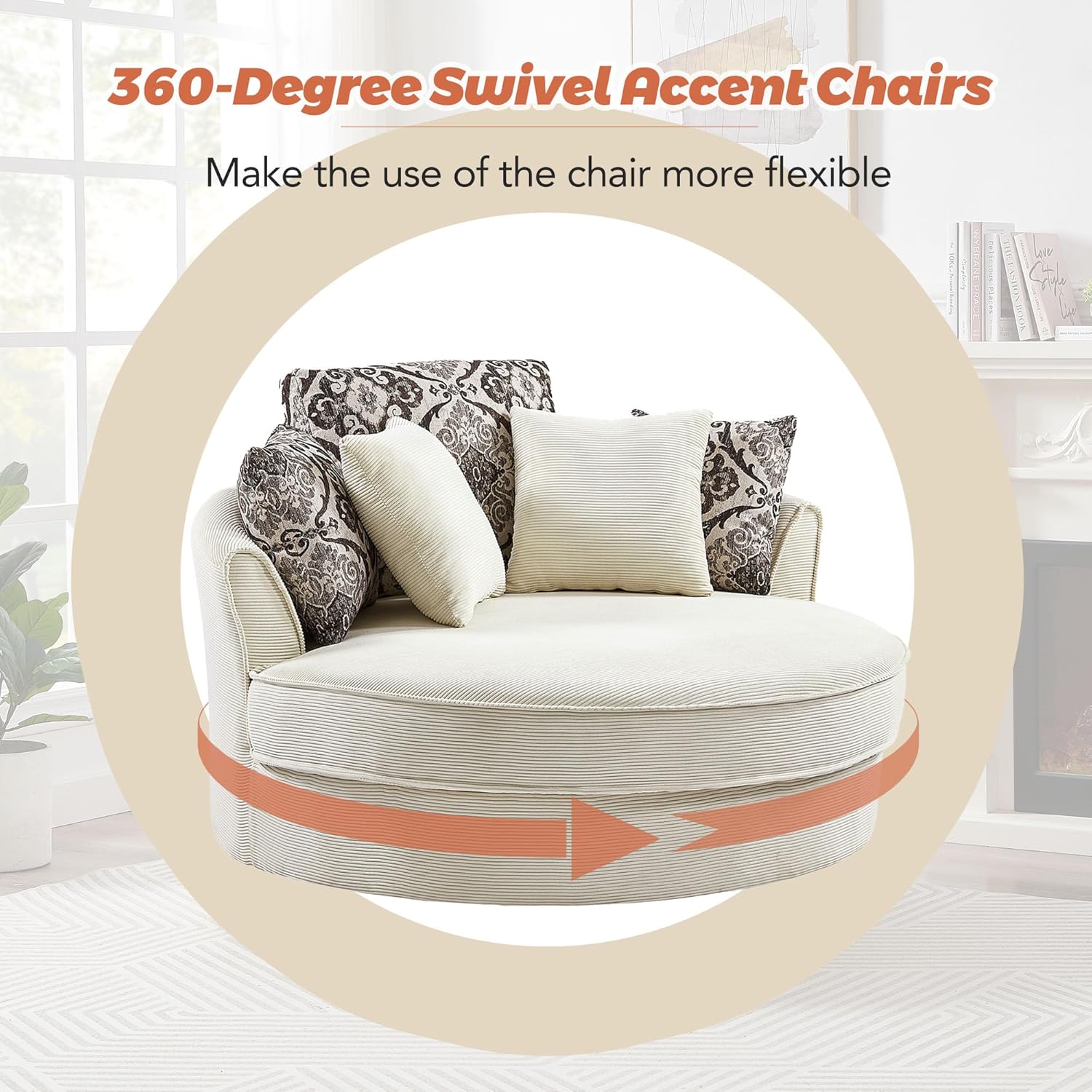 360-Degree Swivel Chair for Living Room Lounge, Modern Round Oversized Barrel Armchair Bedrooms Club Corduroy Upholstered Circle Big Accent Corner Sofachairs with 5 Detachable Pillows