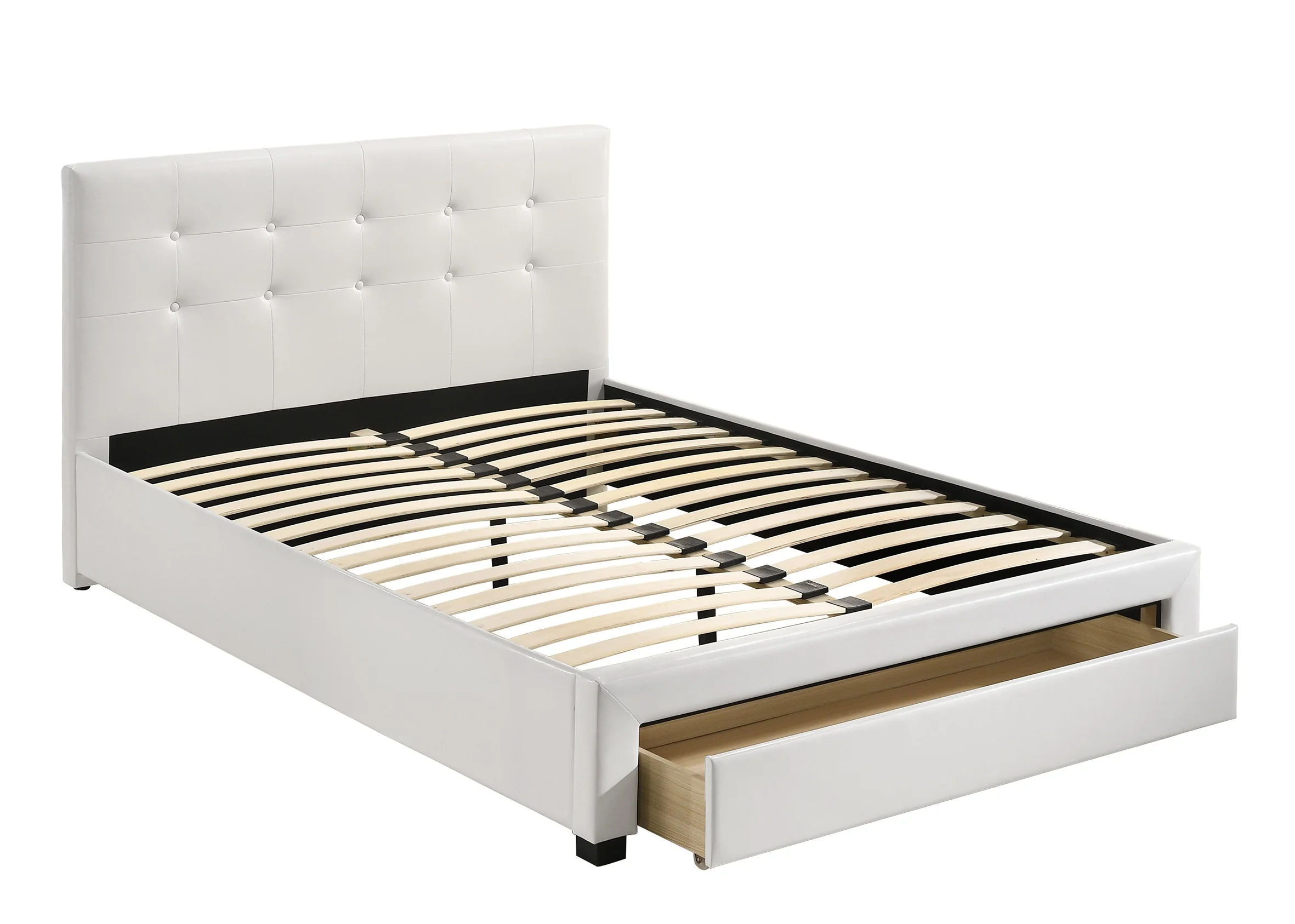 Modern Classic White Full Size Bed Underbed Storage Darwers Wooden Tufted Upholstered Faux Leather 1pc Bedframe Bedroom