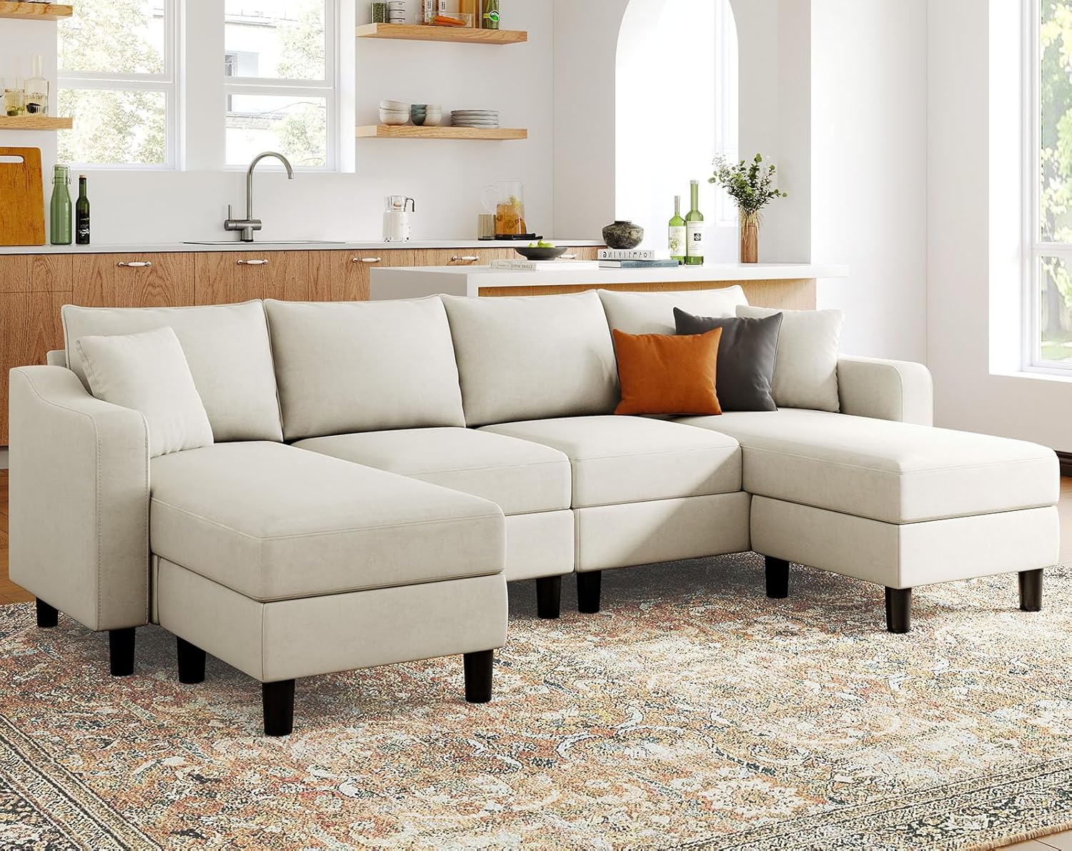Belffin U Shaped Sectional Sofa Velvet Convertible Sofa with Reversible Chaises Sectional Couches with Ottomans for Living Room (Beige)…