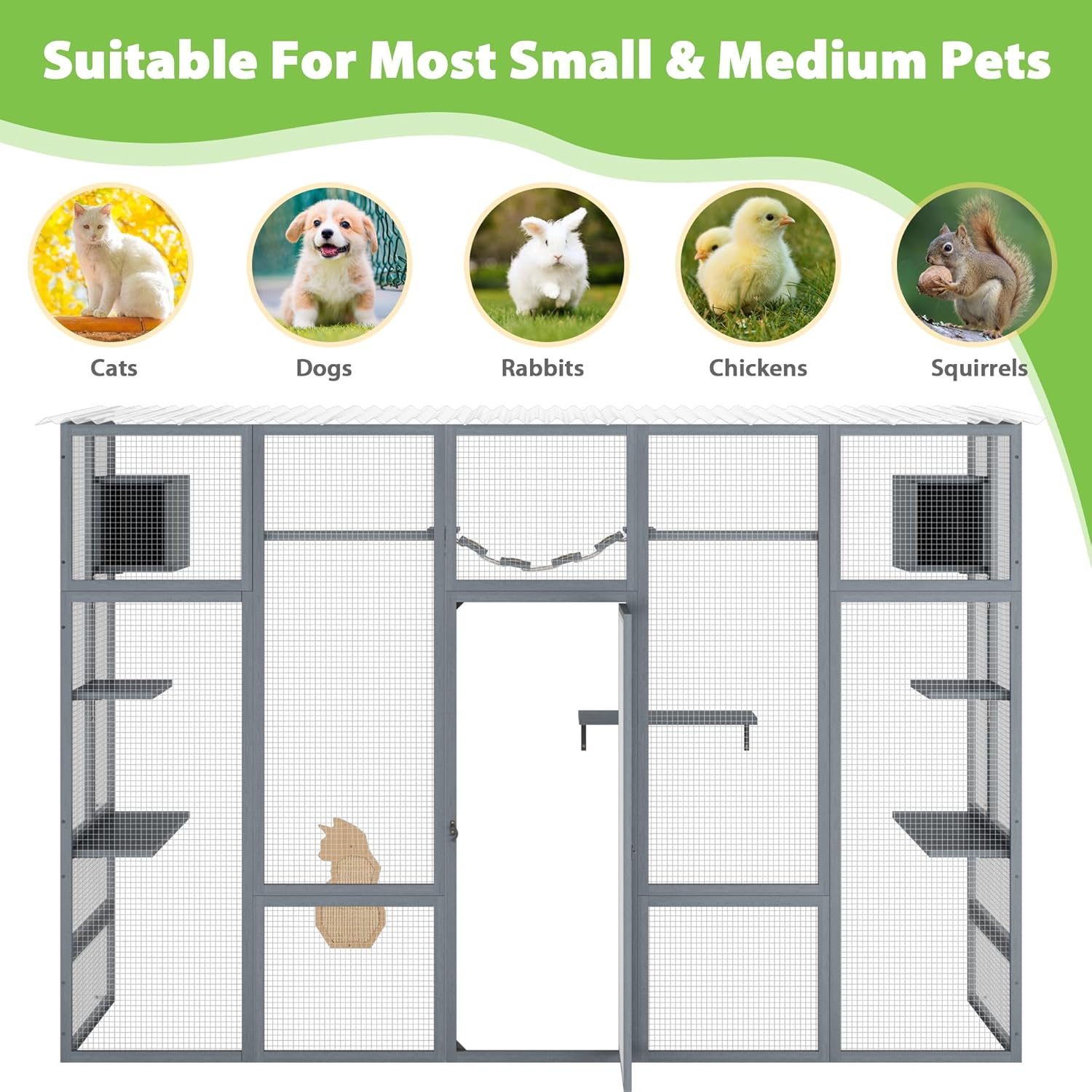 COZIWOW Catio Outdoor Cat Enclosure, 104" L Large Catio for Indoor Cats Window Access, Wooden Window Cat Catio with Weather Protection Roof, 6 Platforms, 2 Houses, Bridge, Scratching Board, Grey