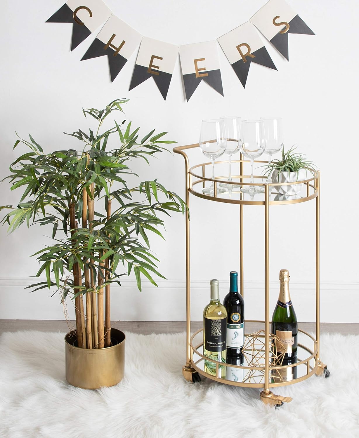 Kate and Laurel Deveaux Modern Metal and Glass Bar Cart, 17.75 x 17 x 30, Glam Gold Finish and Rolling Wheeled Design