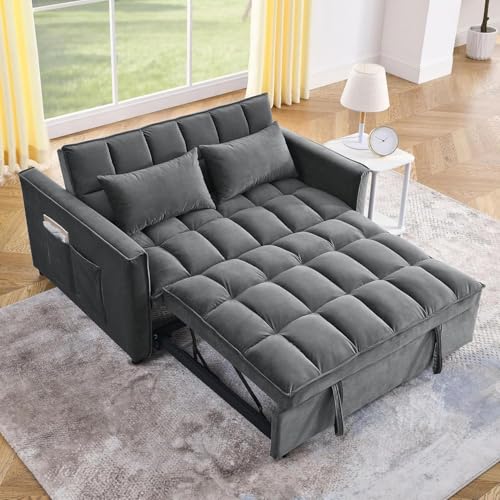 3 in 1 Convertible Sleeper Sofa Bed,Futon Loveseat Couch with Pull-Out Bed & Adjustable Backrest,Velvet Fabric Sofa with Side Pocket for Small Apartment, Living Room, Office (Black)