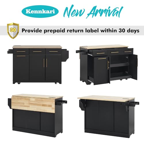 59.3" Rolling Kitchen Island on Wheels with Trash Can Storage Cabinet, Island Table for Kitchen with Power Outlet, Kitchen Cart with Drop Leaf and Internal Storage Rack (Black)