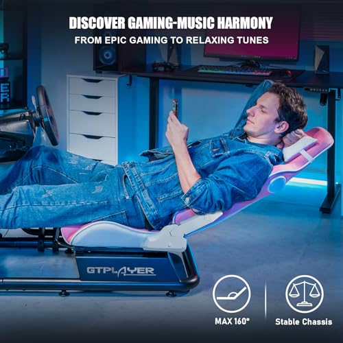 GTPLAYER Racing Simulator Cockpit with Seat and Bluetooth Speakers, Racing Style Reclining Seat and Ultra-Sturdy Alloy Steel Frame, A/B Box (Blue)
