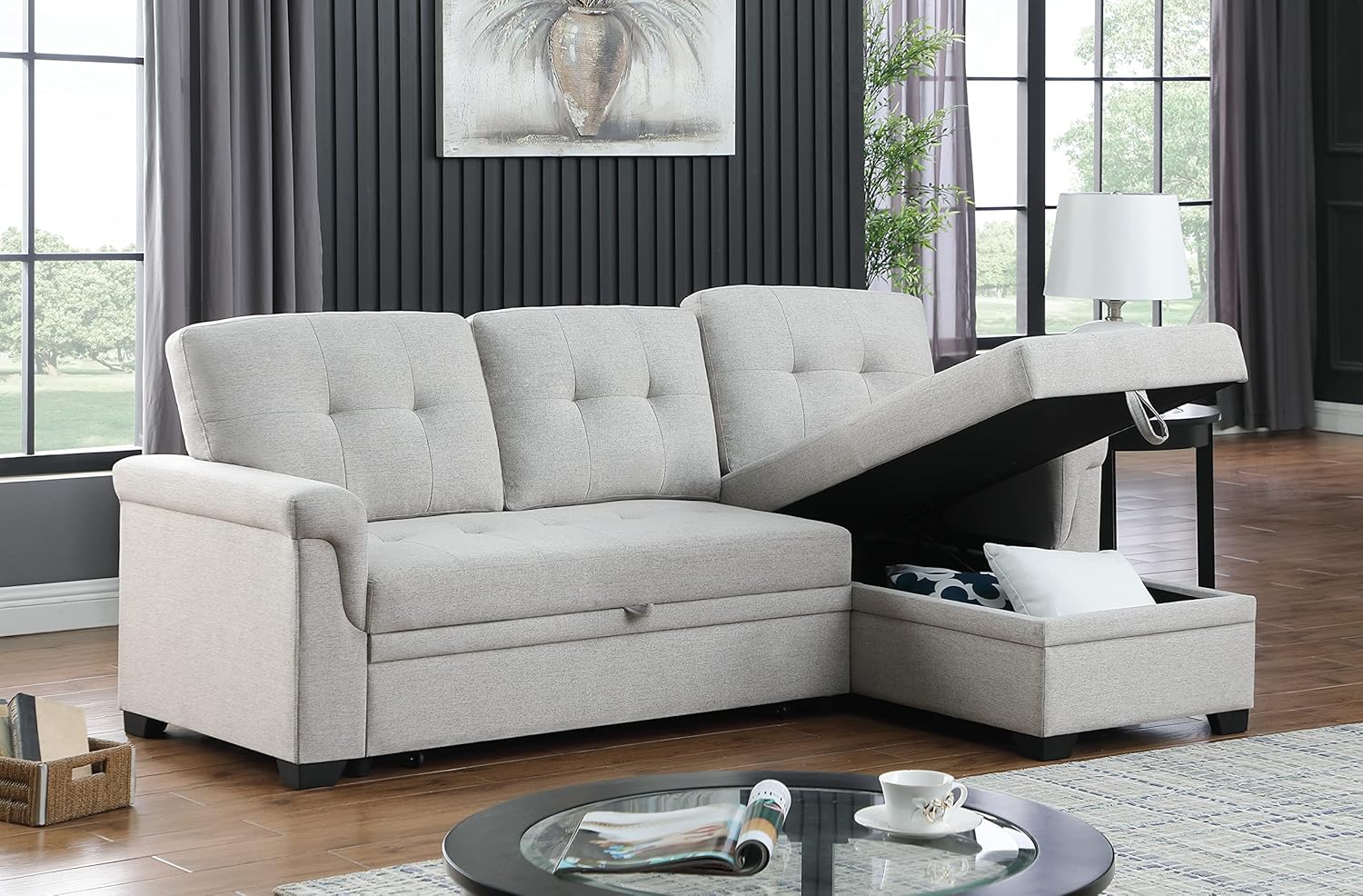 FANYE L-Shaped Linen Tufted Upholstered Reversible Sleeper Sectional Sofabed Modern Corner Convertible Sofa with Pull Out Sleep Couch Bed,Storage Chaise Daybed and Padded Armrest, 84.0", Light Gray