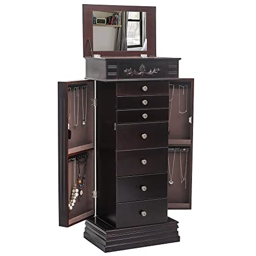 WEI WEI GLOBAL Jewelry Armoire Cabinet with Flip Top Mirror and Compartments - Large Standing Jewelry Chest - Wooden Jewelry Storage Box Organizer - Black