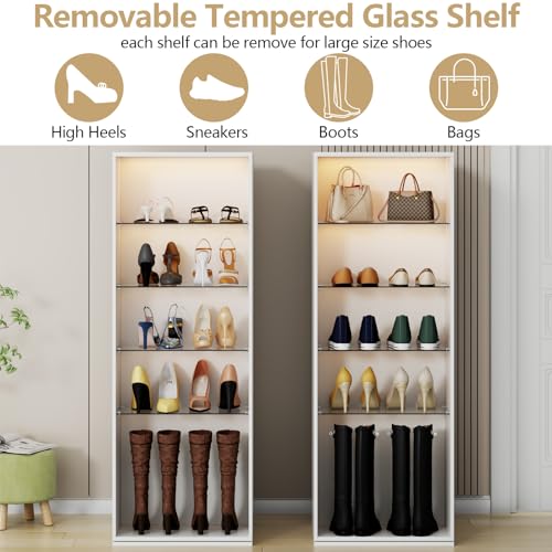 Rotating Shoe Rack with Sensor Light, Spinning Shoe Rack Tower with Glass Shelves, 360°Revolving Shoe Storage Organizer Lazy Susan Shoe for Entryway, Hallway, Living Room (White)