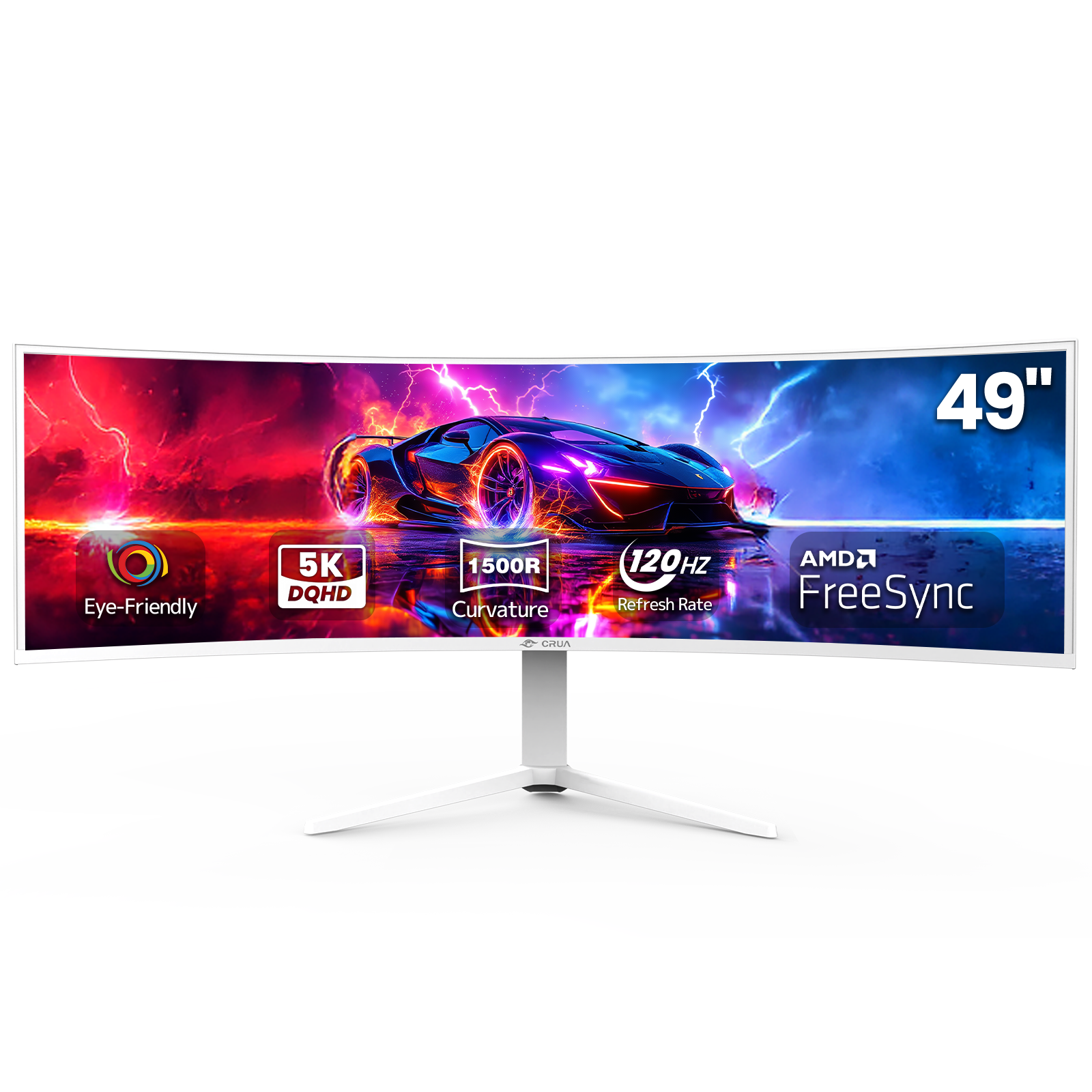 CRUA 49 Inch Ultra-Wide Curved Gaming Monitor, 120Hz, DQHD (5120x1440p), 1500R,FreeSync, 32:9, 120% sRGB, HDMI &amp; DP, Height adjustable, Built-in Speakers, Wall Mount Install, White