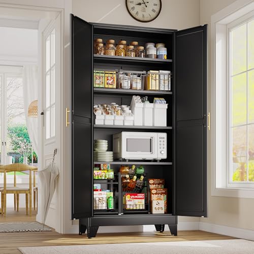 75.2" Tall Metal Pantry Cabinet, Storage Cabinets with 4 Door and 4 Adjustable Shelves, Black Kitchen Pantry Storage Cabinet, Freestanding Cupboard for Kitchen Dining Room Living Room Bathroom