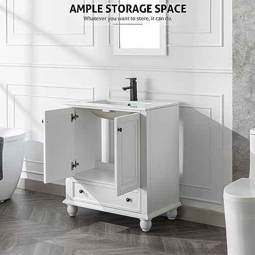 eclife 30" Bathroom Vanity Sink Combo Vintage Style with Painted Solid Wood Construction, Undermount Ceramic Sink W/Matte Black Faucet & Drain, Pure White