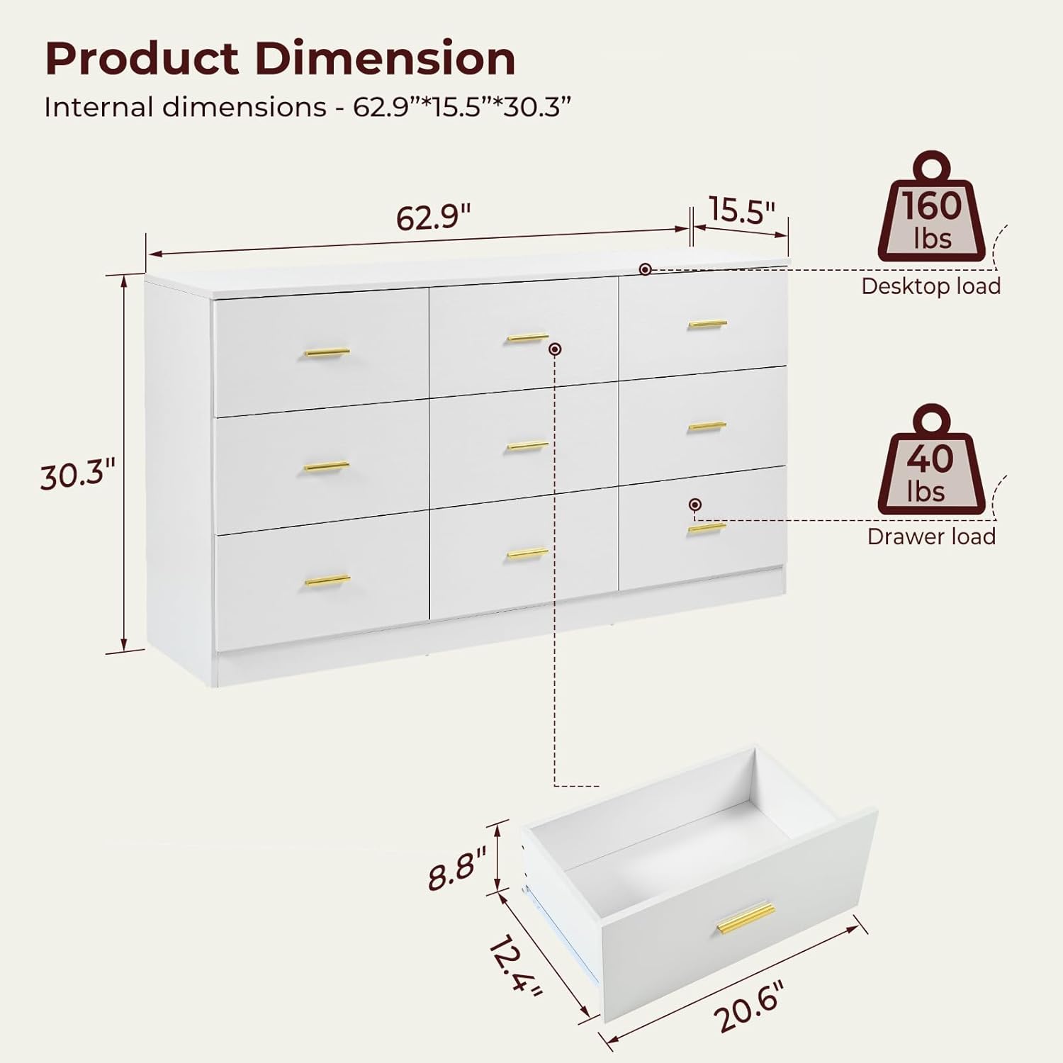 White Dresser for Bedroom with 9 Drawers, Long TV Stand, Modern Chest of Deep Cabinets and Wooden Top, Perfect for Living Room Storage, 63" 15.5" 30"