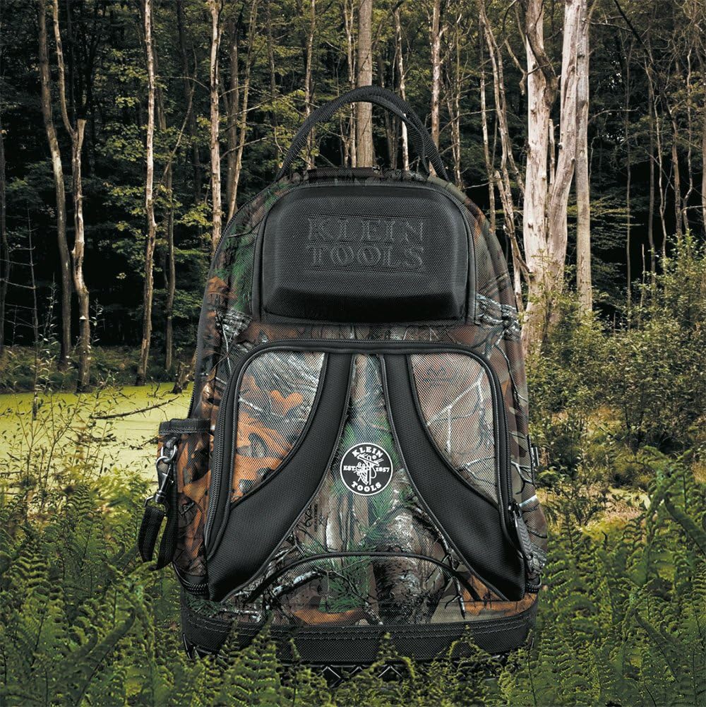 Klein Tools 55421BP14CAMO Tool Bag Backpack, Heavy Duty Tradesman Pro Tool Organizer / Tool Carrier has 39 Pockets, Molded Base, Camo Design