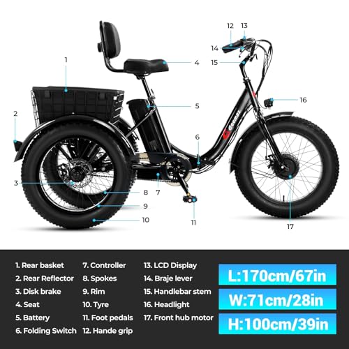 Geemax Electric Tricycle for Adults, 20" x 4.0 Fat Tire Electric Trike, Peak 750W 25MPH 36V 13Ah Lithium Battery UL Certified, Premium 80% Assembled Foldable 3 Wheel Electric Bicycle, Black