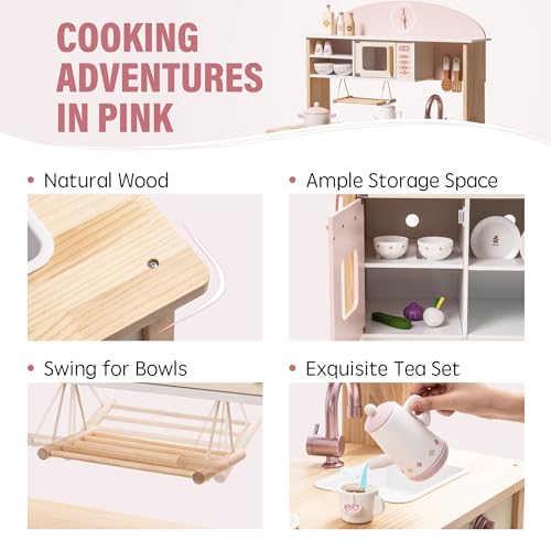 ROBUD Play Kitchen Set, Wooden Play Kitchen with Ice Maker, Fridge, Coffee Machine, Oven, Dishwasher, Microwave, Kitchen Accessories, Toy Kitchen Gift for Boys Girls, 3+