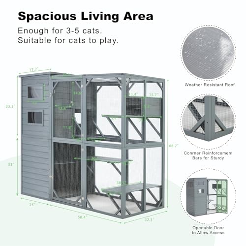 Mdeam Large Catio Outdoor Cat Enclosure, 4 Tiers Indoor Cat House for Multiple Cats with Weatherproof Roof, 4 Resting Rooms, 4 Platforms, 5 Windows, 70" H 32" W 77" L, Grey Green