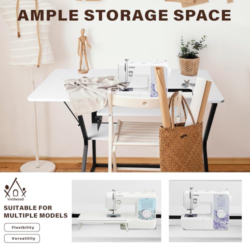 Sewing Table, Large Sewing Machine Table with Adjustable Platform,Sewing Tables for Sewing Machines with Storage Shelf-White