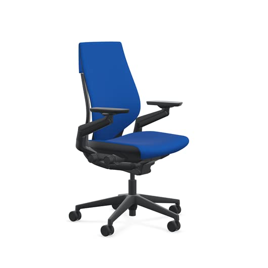 Steelcase Gesture Office Chair - Era Cobalt Fabric, Medium Seat Height, Wrapped Back, Black on Black Frame, and Standard Carpet Casters