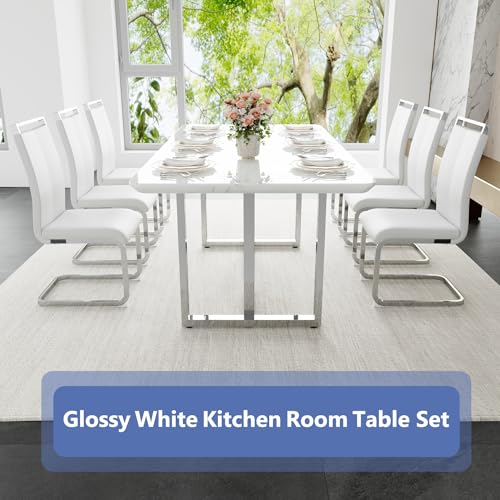 Dining Table Set for 6,Kitchen Table Chairs Set with Glossy Faux Mareble Table Top,67in White Rectangle Dining Room Table Set for 6,7 Piece Kitchen Table and Chairs Set for Kitcken Dining Room