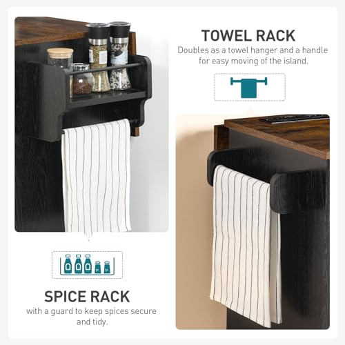 Kitchen Island with Storage, Kitchen Cart with Charging Station, Rolling Kitchen Island Table with Drop-Leaf, 3 Drawers, Barn Doors, Towel Rack and Spice Rack, White and Walnut