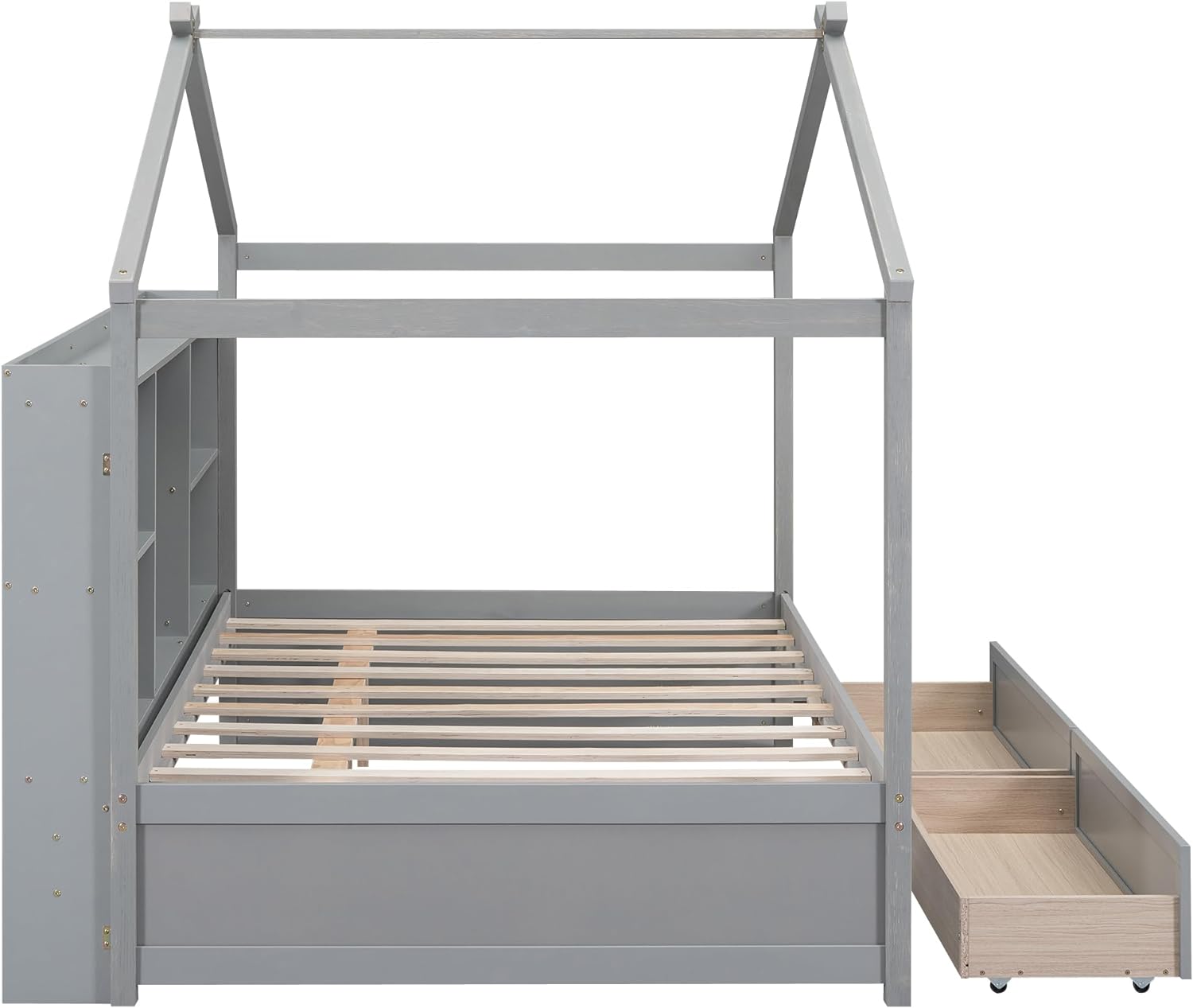 House Bed with Storage, Full Size House Bed with Storage Shelves and 2 Drawers, Wood Bed Frame with Roof for Kids, Teens, Boys or Girls, Easy Assembly (with Drawers)