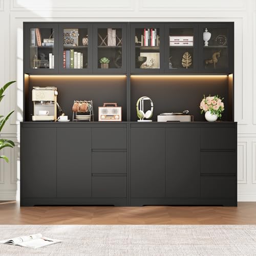 finetones 71" Kitchen Pantry Cabinet with LED Lights and Charging Station, Modern Kitchen Cabinet Hutch Cabinet with Storage and Microwave Stand, Pantry Cabinet Buffet Cabinet with Countertop, Black