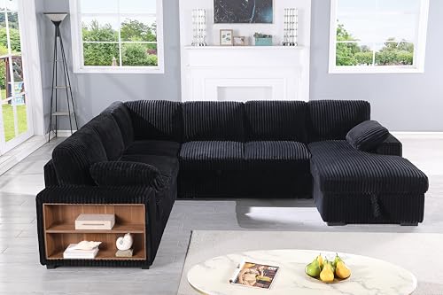 Oversized U-Shaped Sectional Sofa Couch Plush Corduroy Upholstered Modular Deep Seat Sofa&Couch Sectional W/Right Facing Chaise Lounge and 7 Toss Pillows for Home Apartment Living Room Furniture Sets