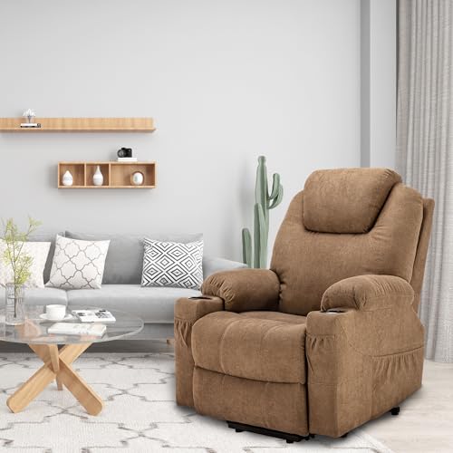 YITAHOME Power Lift Recliner Chair for Elderly, Electric Lift Chair with Heat and Massage, Fabric Recliner Sofa with 2 Cup Holders, Side Pockets & Remote Control for Living Room (Light Brown)