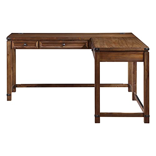 OSP Home Furnishings Baton Rouge Rustic L-Shape Office Desk with Power Port Drawer, Champagne Oak Finish