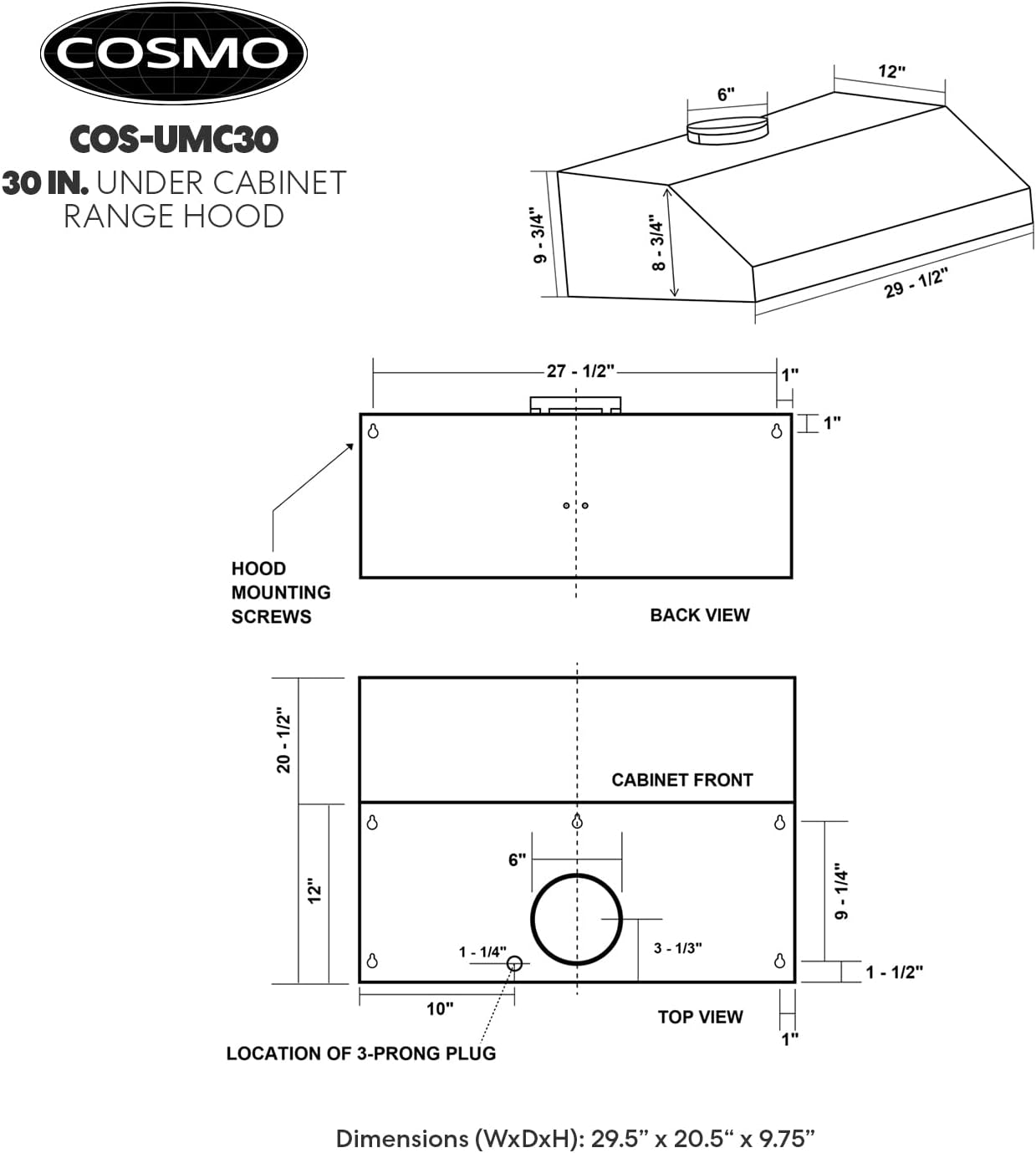 COSMO UMC30 30 in. Ducted Under Cabinet Stainless Steel Range Hood with LED Light, 380 CFM, Permanent Filter, 30 inch