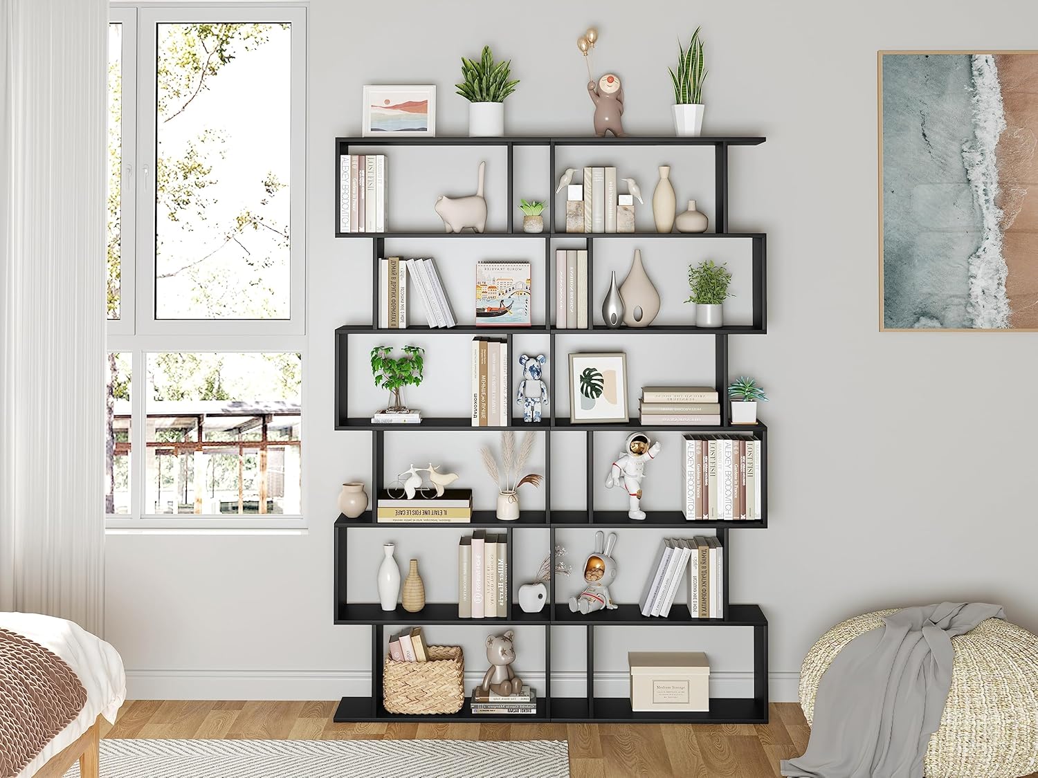 Yusong Bookshelf, Geometric Bookcase S Shaped Book Shelves Unit for Living Room, 6 Tier Tall Decorative Display Shelf for Bedroom, Study Room, Black