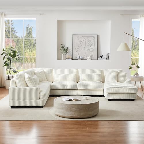 Oversized U-Shaped Sectional Sofa Couch Plush Corduroy Upholstered Modular Deep Seat Sofa&Couch Sectional W/Right Facing Chaise Lounge and 7 Toss Pillows for Home Apartment Living Room Furniture Sets
