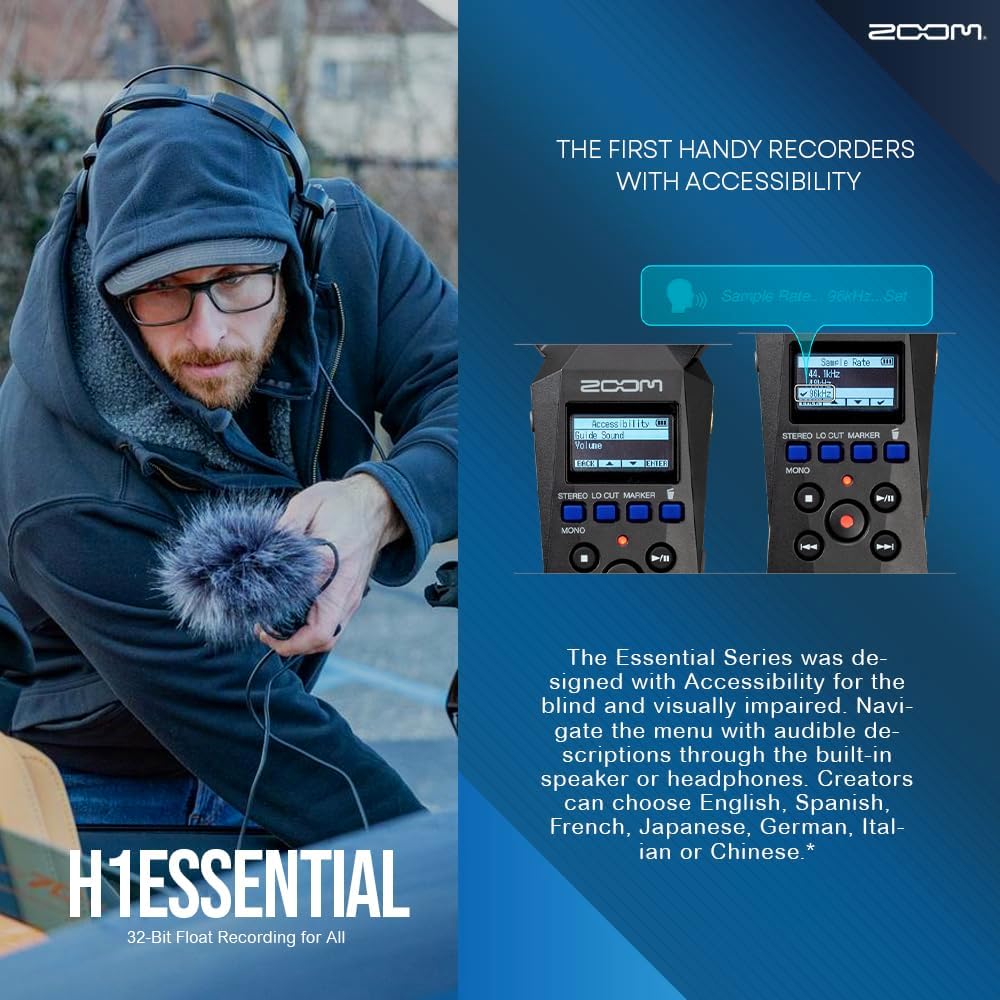 Zoom H1essential Stereo Handy Recorder – H1 Essential (H1E) Portable Audio Recorder 32 Bit Float, USB & X/Y Microphone - 64GB SD, Tripod, Headphone w/Mic & More for Musicians Vloggers Filmmakers