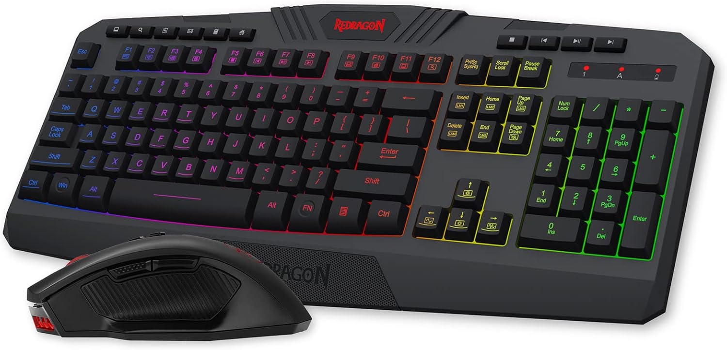 Redragon S101 Wireless Gaming Keyboard and Mouse Combo, RGB LED Backlit Keyboard, and Red Illuminated Mouse for Windows PC Gamer
